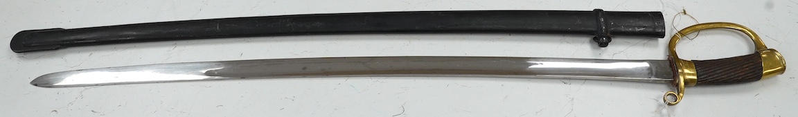 A 1920s Persian Cavalry Troopers sword Shashka, based on an 1881 pattern Russian Dragoons sword, in its scabbard numbered 21422, blade 79.5cm. Condition - generally good, scabbard painted black